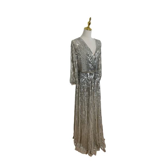 Mac Duggal 5509 Silver/Beige Sequins 3/4 Sleeve Gown Size 8 $598 - Picture 5 of 8